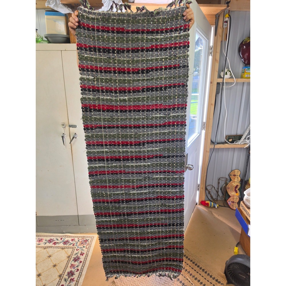 Handwoven Amish Rag Rug Set of 3 – Grey Red Green Striped